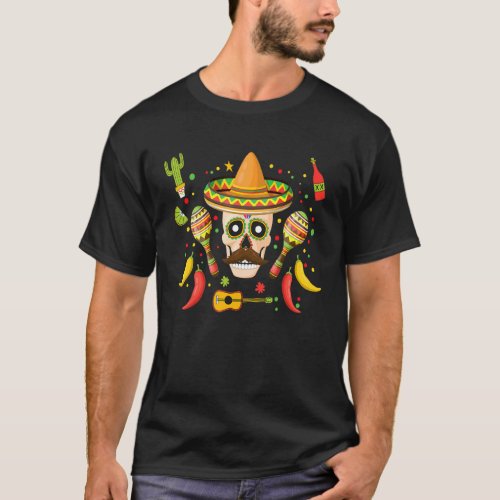 Cinco De Mayo Mexican Skull Mustache Cactus Flower T_Shirt