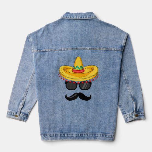 Cinco De Mayo Mustache  Mexican Sombrero Hat  Denim Jacket