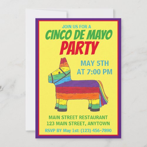 Cinco de Mayo Party Fiesta Rainbow Donkey Piata Invitation