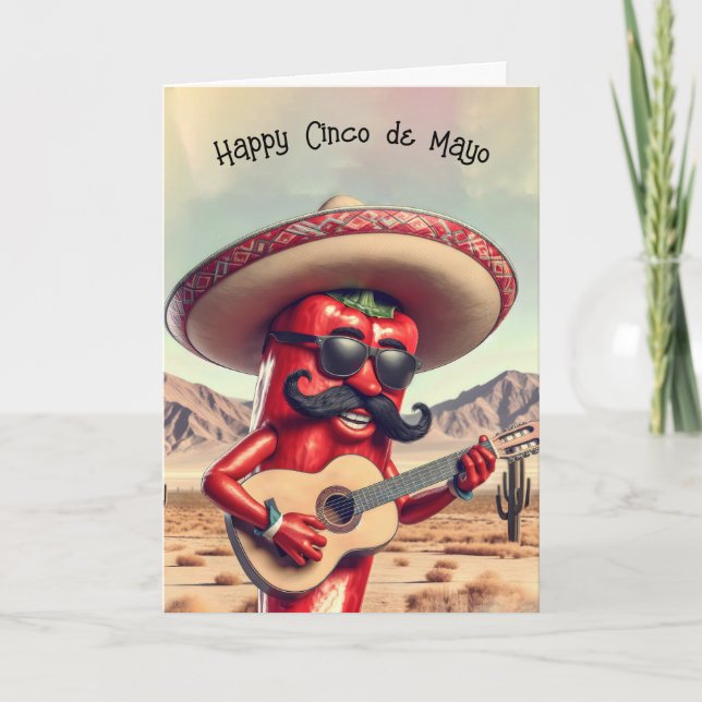 Cinco de Mayo Red Chili Pepper Guitarist Card (Front)
