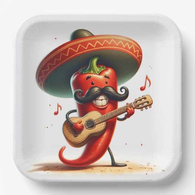 Cinco de Mayo Red Chili Pepper Musician Paper Plates (Front)