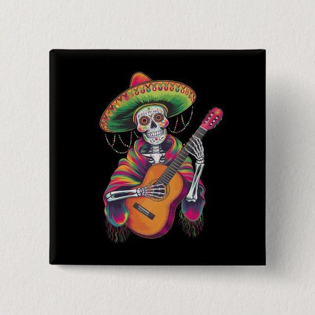 Cinco De Mayo Skeleton Skull Fiesta Guitar Button (Front)
