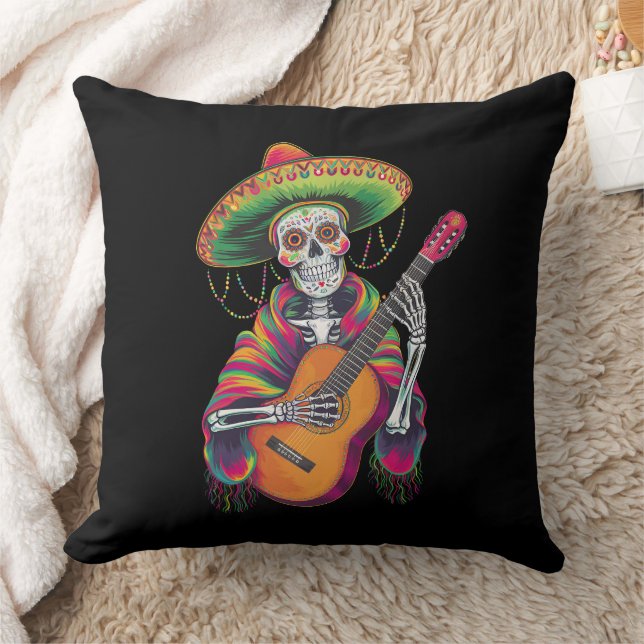 Cinco De Mayo Skeleton Skull Fiesta Guitar Throw Pillow (Blanket)