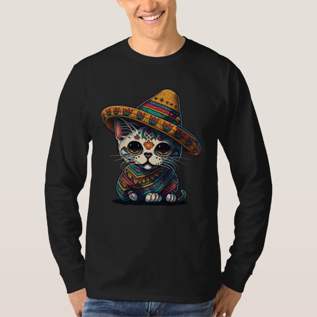 Cinco De Mayo Sugar Skull Cat Sombrero Mexican T-Shirt (Front)