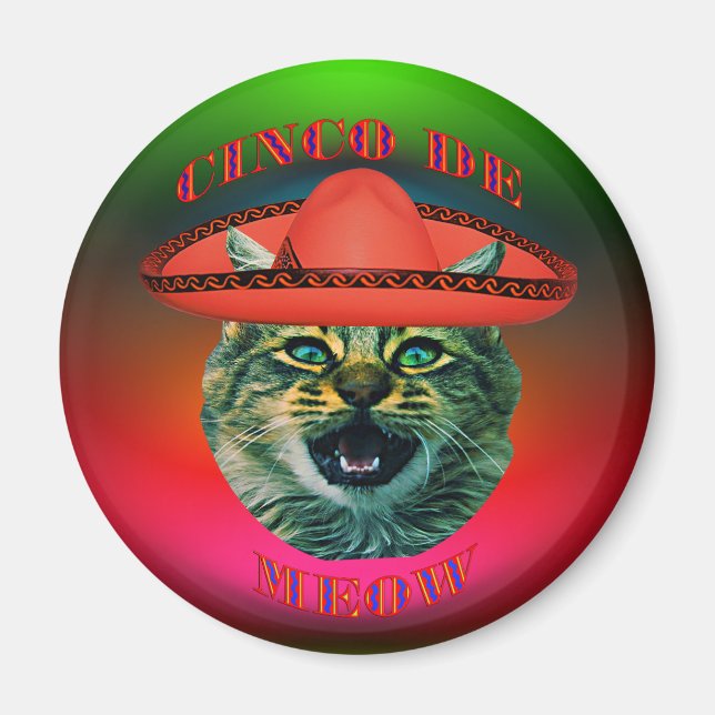 Cinco De Meow Gray Cat Cinco De Mayo Mexico Refrig Magnet (Front)