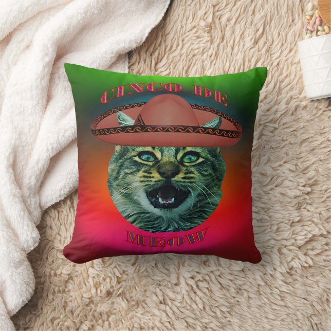 Cinco De Meow Gray Cat Cinco De Mayo Mexico Throw Pillow (Blanket)