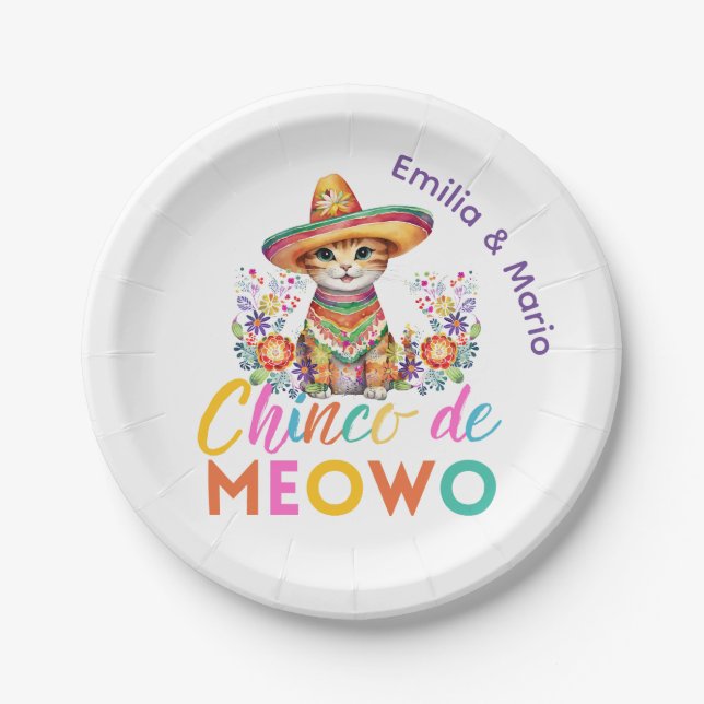 Cinco De Meowo Cute Cat Fiesta Party Custom Paper Plates (Front)