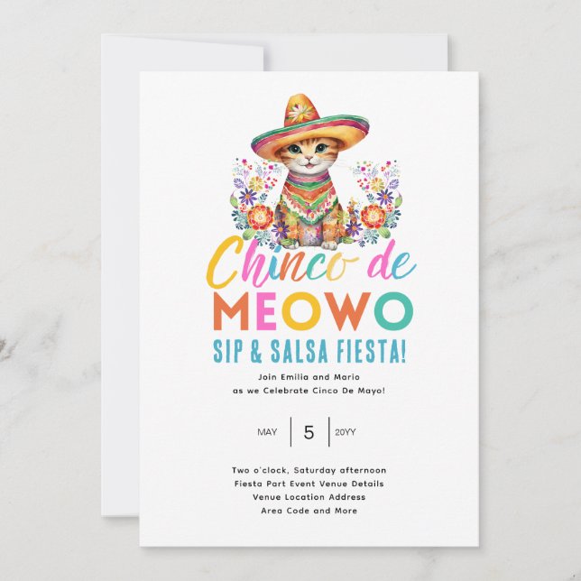 Cinco De Meowo Fun Cat Fiesta Party Time   Invitation (Front)