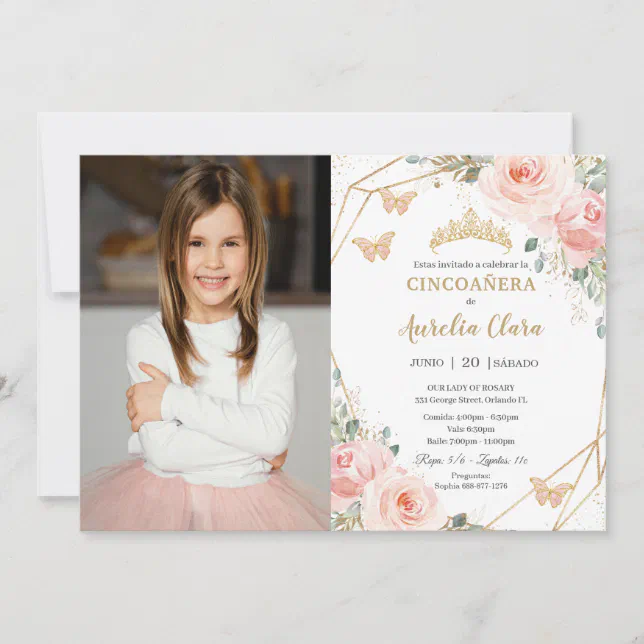 Cincoañera Blush Pink Floral Butterflies Photo Invitation | Zazzle