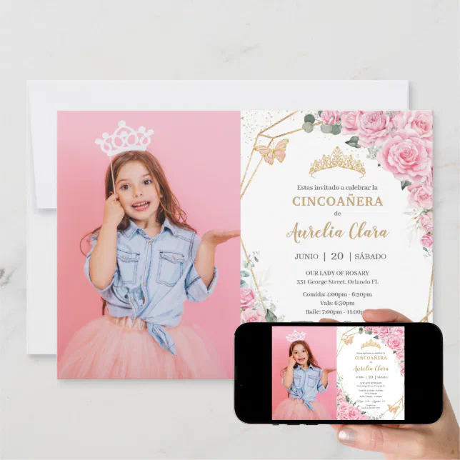 Cincoañera Pink Roses Floral Butterflies Photo Invitation 