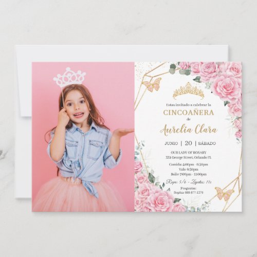 Cincoaera Pink Roses Floral Butterflies Photo  Invitation