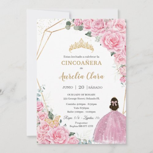 Cincoaera Pink Roses Floral Gold Princess Crown Invitation