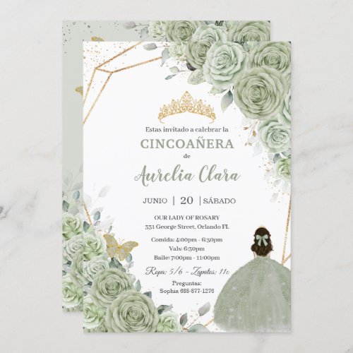Cincoaera Sage Green Floral Gold Princess Dress Invitation