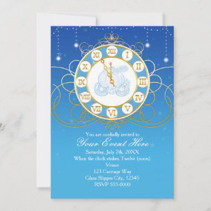 Cinderella Almost Midnight Blue Gold Invitations