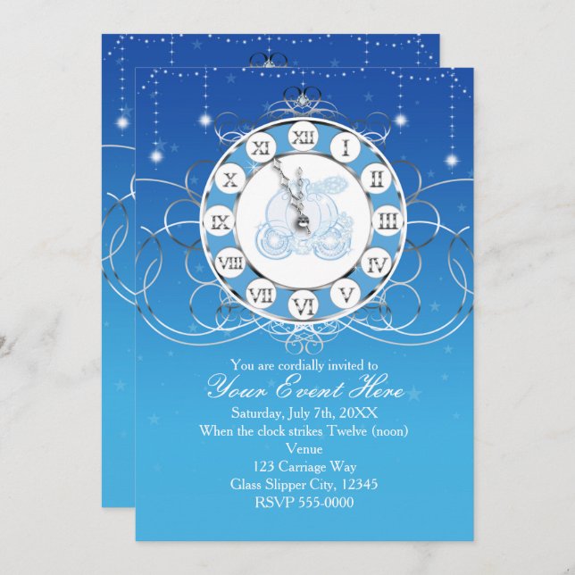 Cinderella Almost Midnight Silver Blue Invitation (Front/Back)