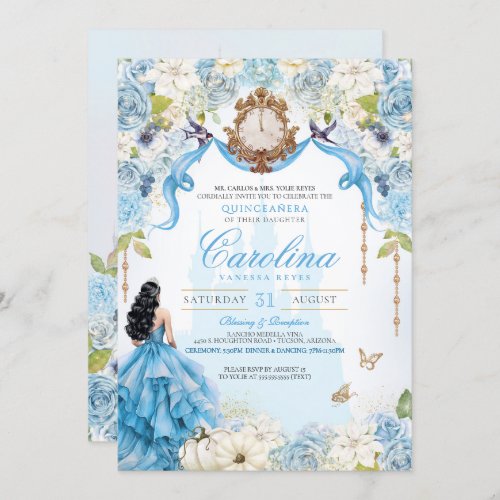 Cinderella Blue and Gold Princess Quinceanera Invitation