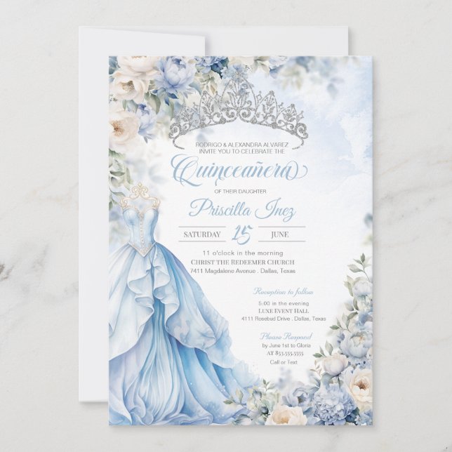 Cinderella Blue Elegant Gown Princess Quinceanera Invitation (Front)