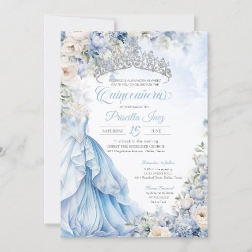 Cinderella Blue Elegant Gown Princess Quinceanera Invitation