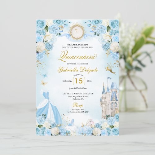 Cinderella Blue Fairytale Princess Quinceanera Invitation