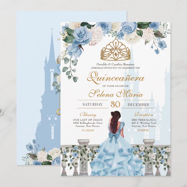 Cinderella Blue Floral Gold Princess Quinceanera Invitation (Front/Back)