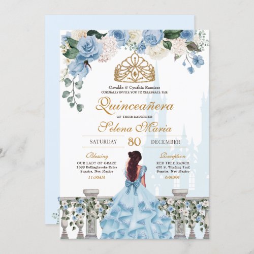 Cinderella Blue Floral Gold Princess Quinceanera Invitation