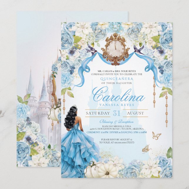 Cinderella Blue Gold Elegant Princess Quinceanera Invitation (Front/Back)