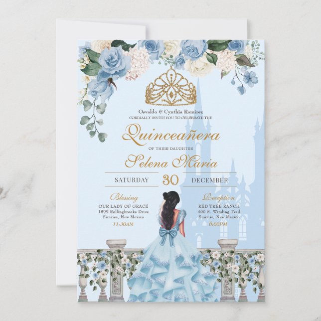 Cinderella Blue & Gold Floral Princess Quinceanera Invitation (Front)