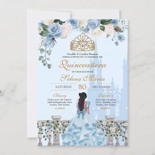 Cinderella Blue  Gold Floral Princess Quinceanera Invitation