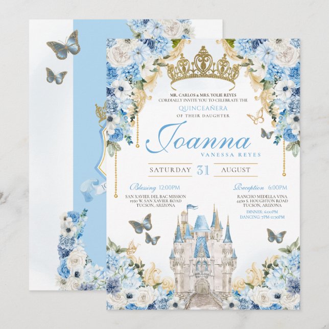 Cinderella Blue Gold Princess Castle Quinceanera Invitation (Front/Back)