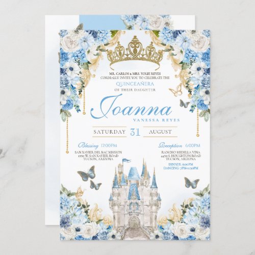 Cinderella Blue Gold Princess Castle Quinceanera Invitation