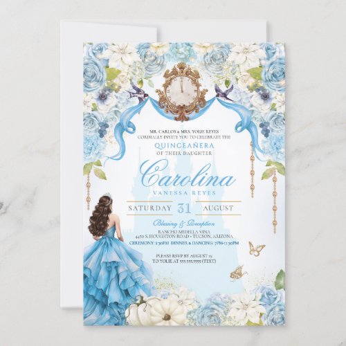 Cinderella Blue  Gold Princess Luxury Quinceanera Invitation