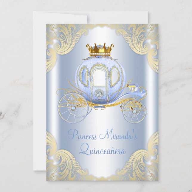 Cinderella Blue Gold Princess Quinceanera Invitation (Front)