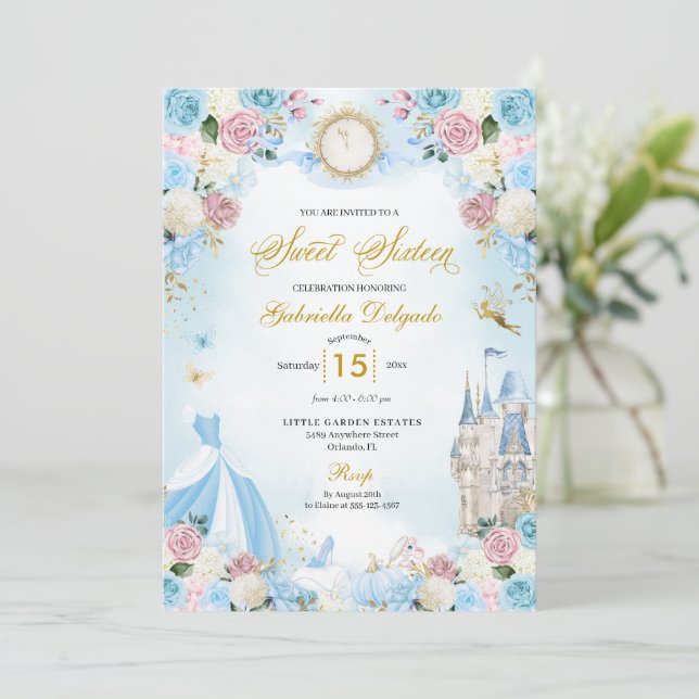 Cinderella Blue & Pink Fairytale Princess Sweet 16 Invitation (Standing Front)