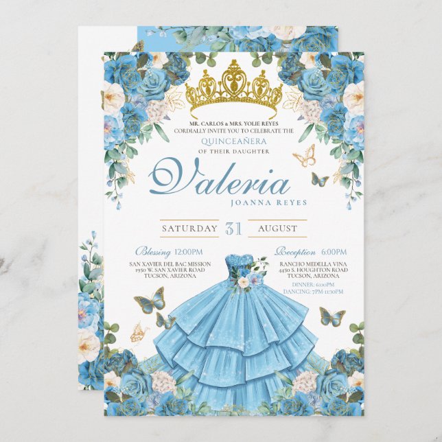 Cinderella Blue Rose Butterfly Princess Birthday Invitation (Front/Back)