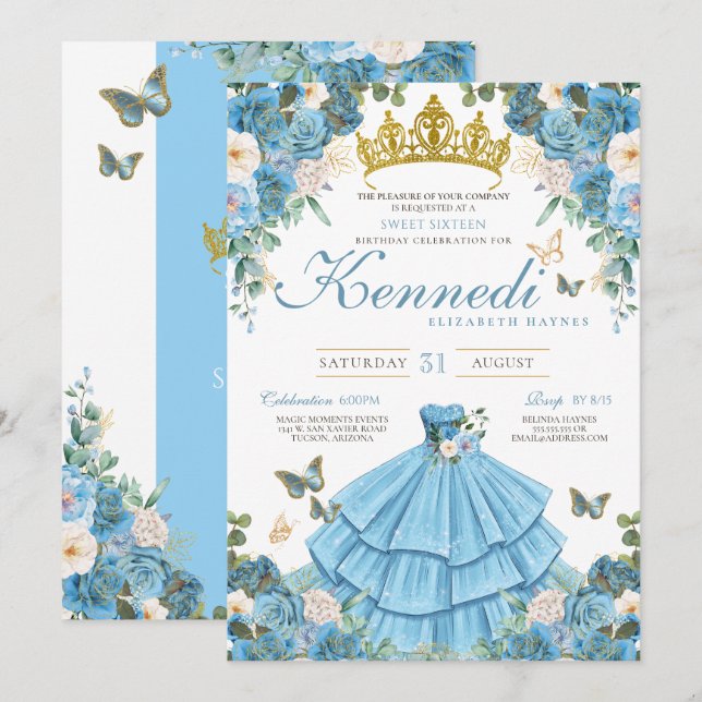 Cinderella Blue Rose Butterfly Princess Sweet 16 Invitation (Front/Back)