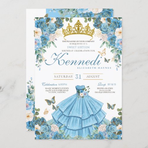 Cinderella Blue Rose Butterfly Princess Sweet 16 Invitation