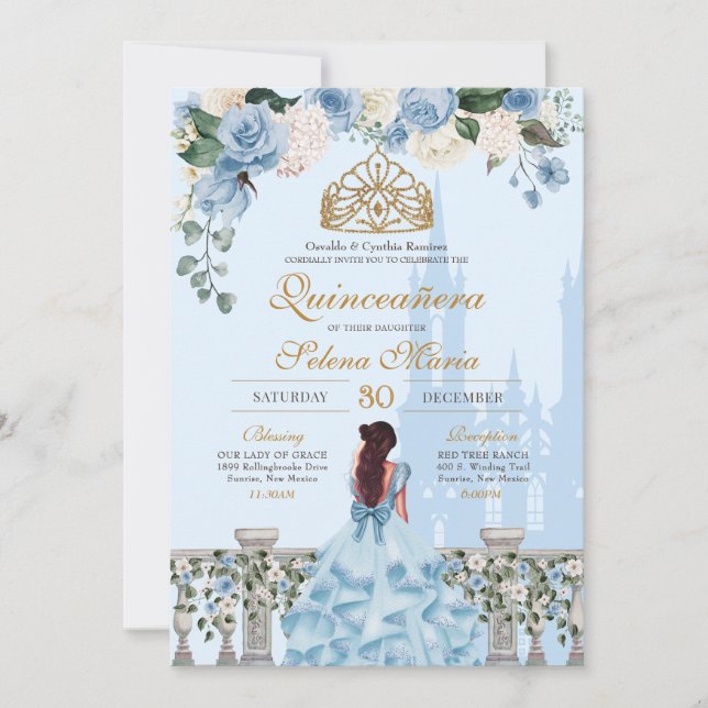Cinderella Blue Rose & Gold Princess Quinceañera Invitation (Front)