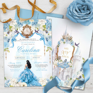 Cinderella Blue Rose Luxury Princess Quinceanera Invitation