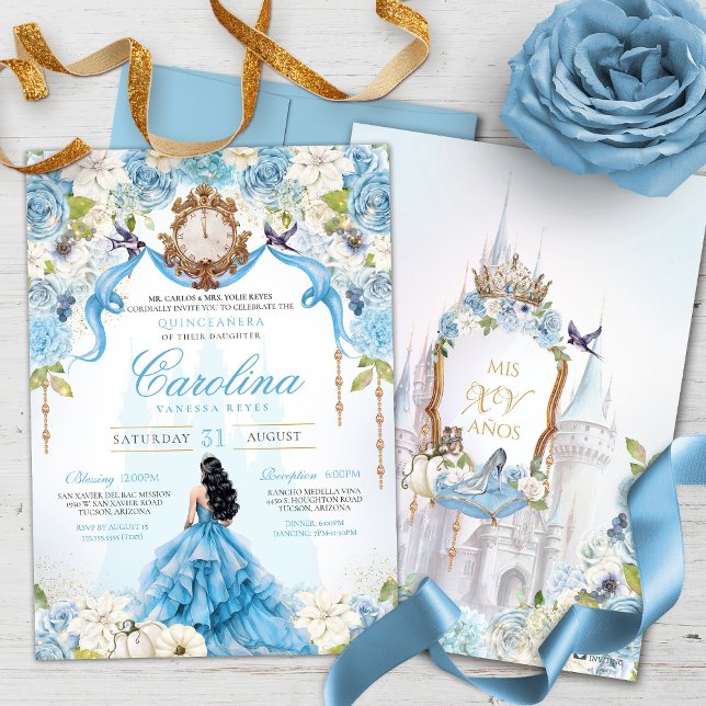 Cinderella Blue Rose Luxury Princess Quinceanera Invitation (Creator Uploaded)