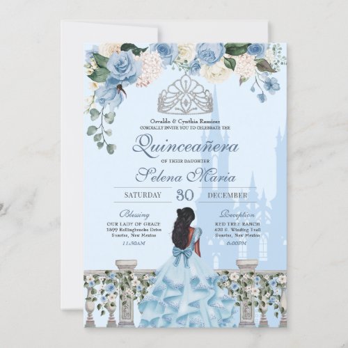 Cinderella Blue Rose Silver Princess Quinceaera Invitation