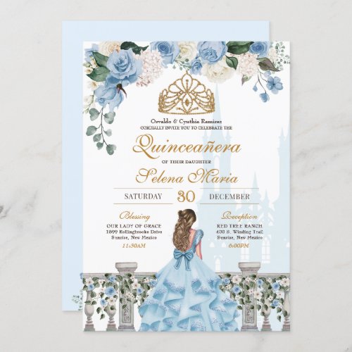 Cinderella Blue Roses  Gold Princess Quinceaera Invitation