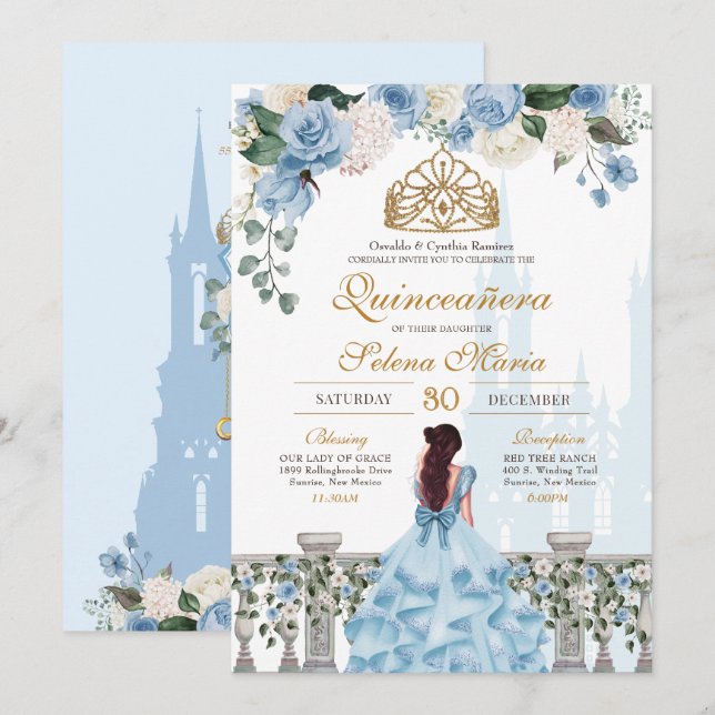 Cinderella Blue Roses & Gold Princess Quinceañera Invitation (Front/Back)