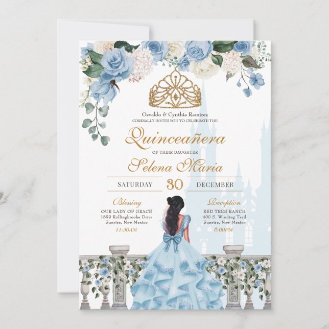 Cinderella Blue Roses & Gold Princess Quinceañera Invitation (Front)