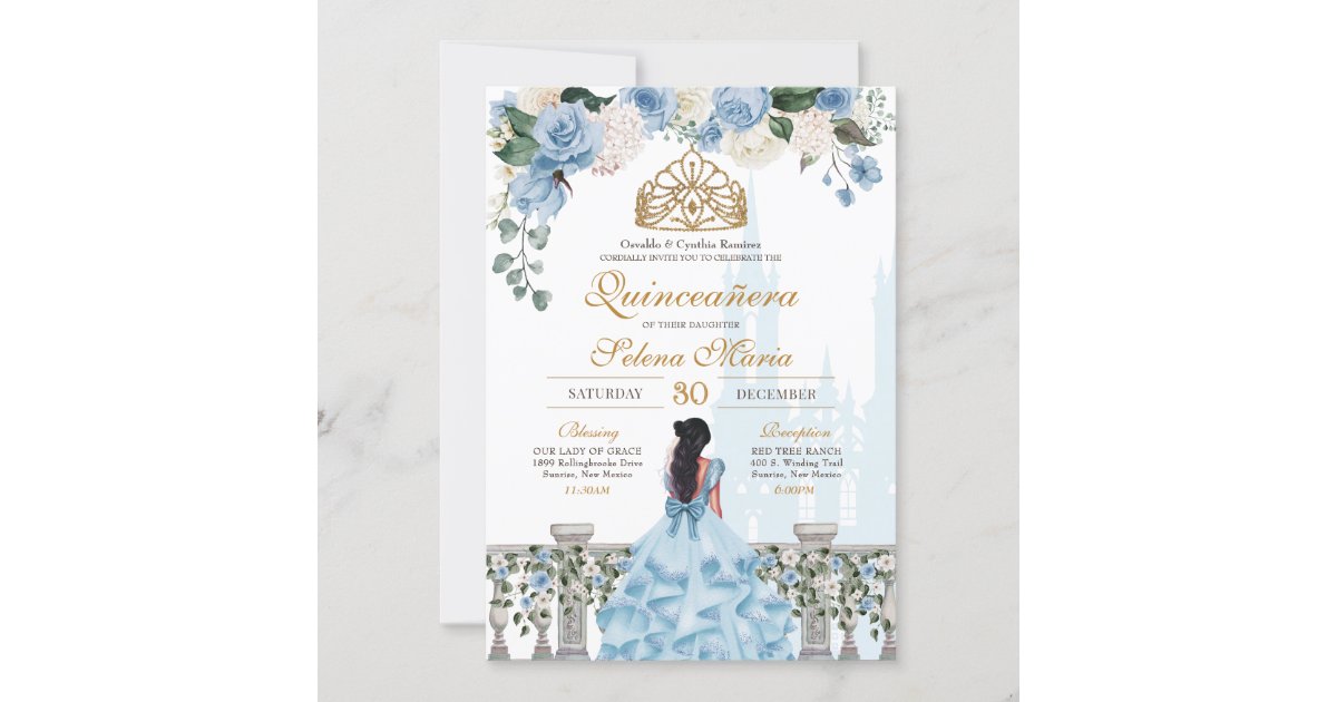 Cinderella Blue Roses And Gold Princess Quinceañera Invitation Zazzle 2742