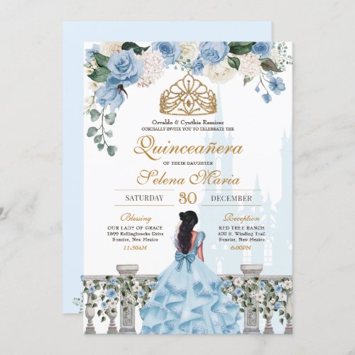 Cinderella Blue Roses  Gold Princess Quinceaera Invitation