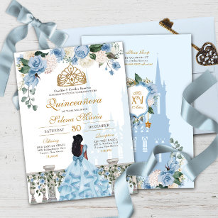 Cinderella Blue Roses & Gold Princess Quinceañera Invitation