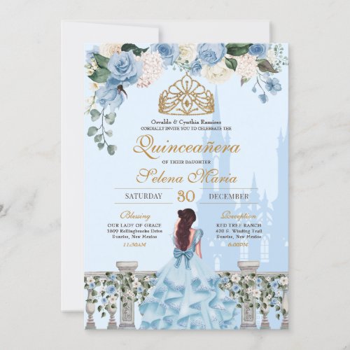 Cinderella Blue Roses  Gold Princess Quinceanera Invitation