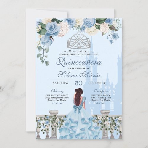 Cinderella Blue Roses Silver Princess Quinceanera Invitation