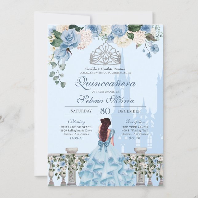 Cinderella Blue Roses Silver Princess Quinceanera Invitation (Front)
