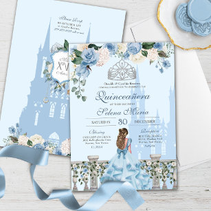 Cinderella Blue Silver Floral Princess Quinceanera Invitation